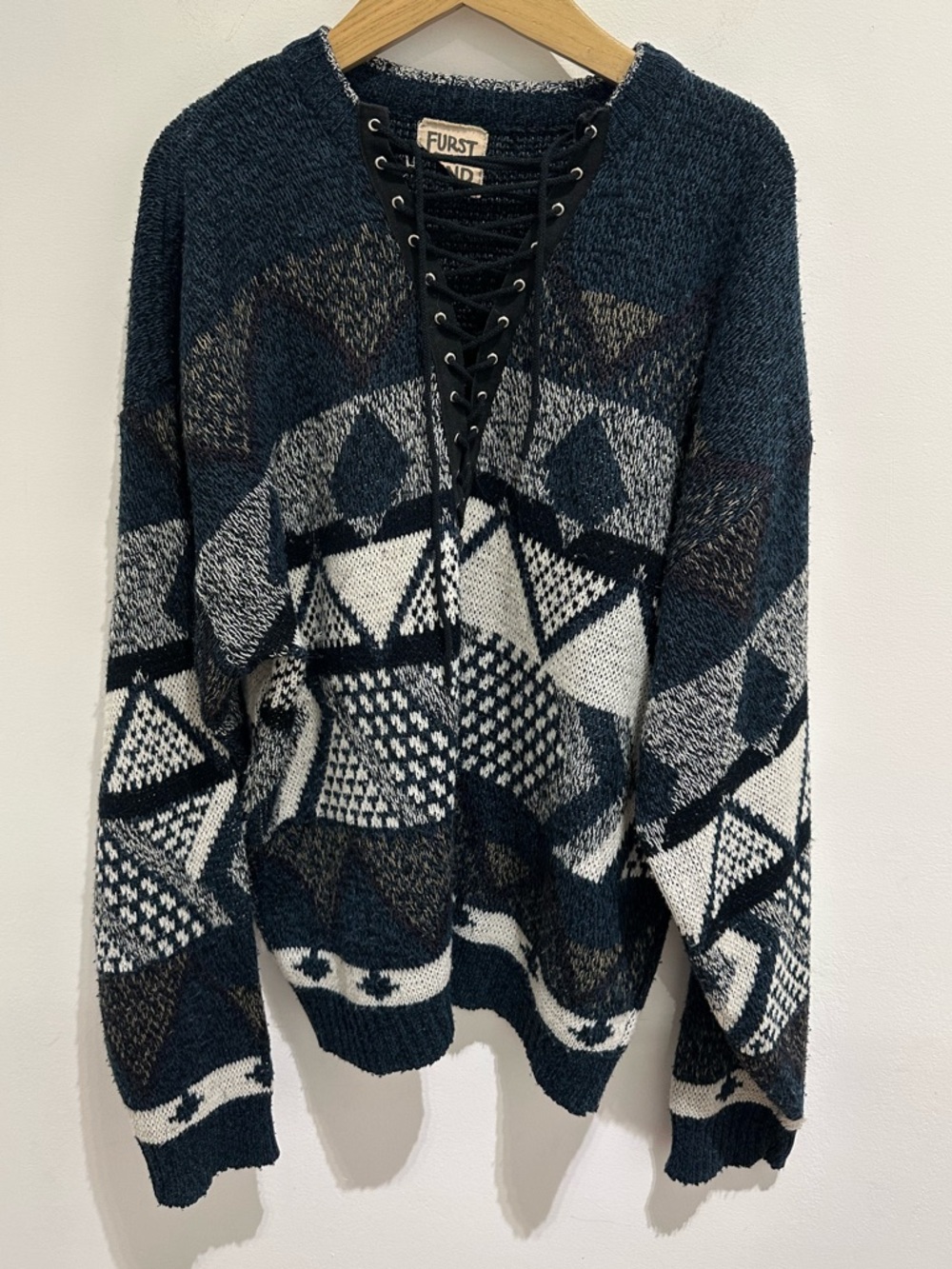 LF Navy, White, and Brown Geometric Lace-Up V-Neck Sweater